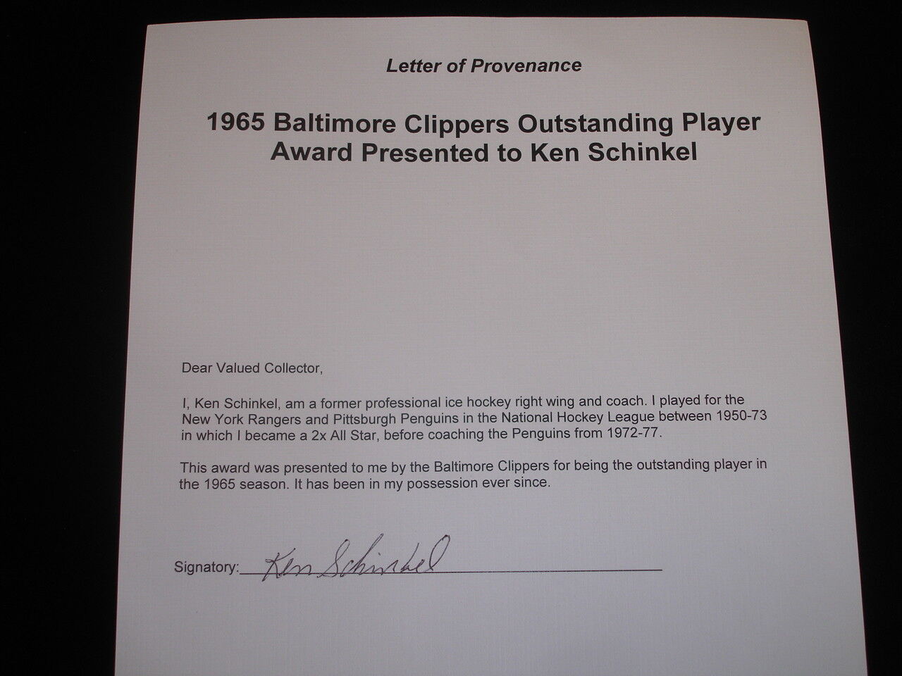 1965 Baltimore Clippers AHL Outstanding Player Award Presented to Ken Schinkel