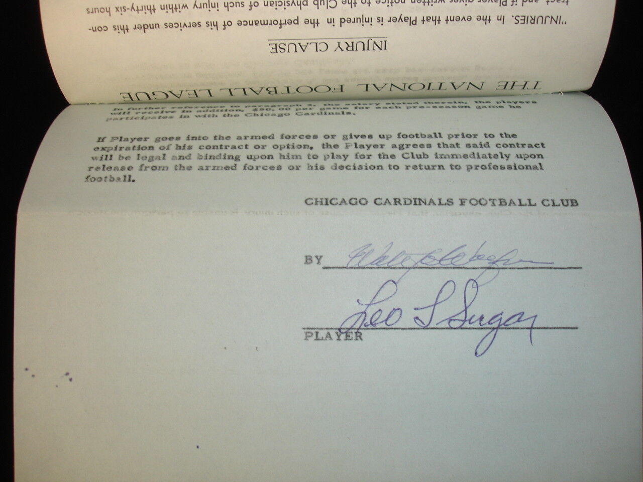 Original 1958 Leo Sugar Chicago Cardinals Signed NFL Players Contract