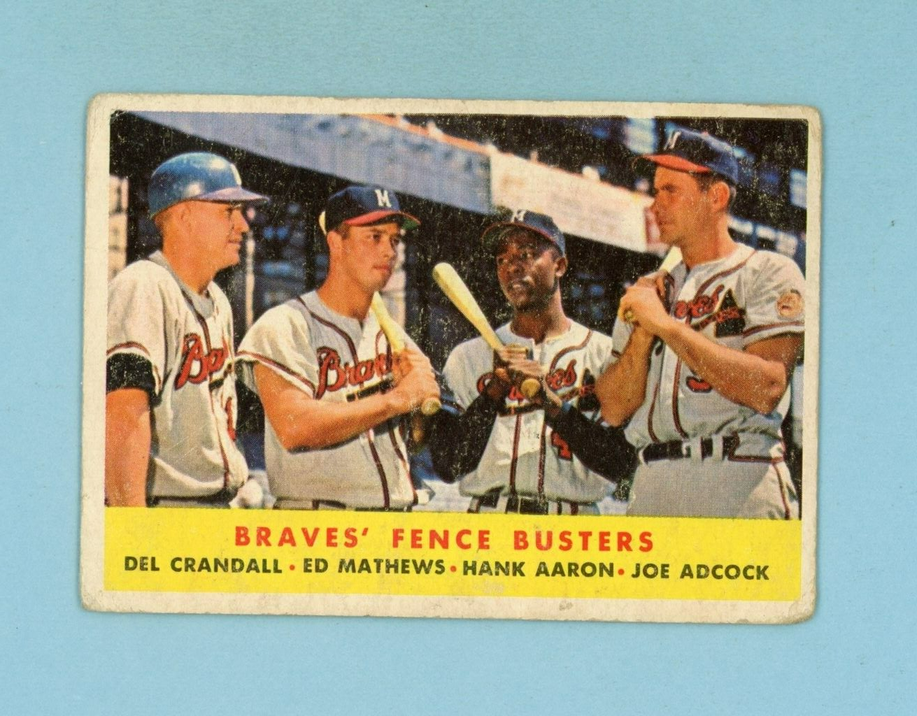 1958 Topps #351 Braves Fence Busters Aaron, Mathews Baseball Card G/VG