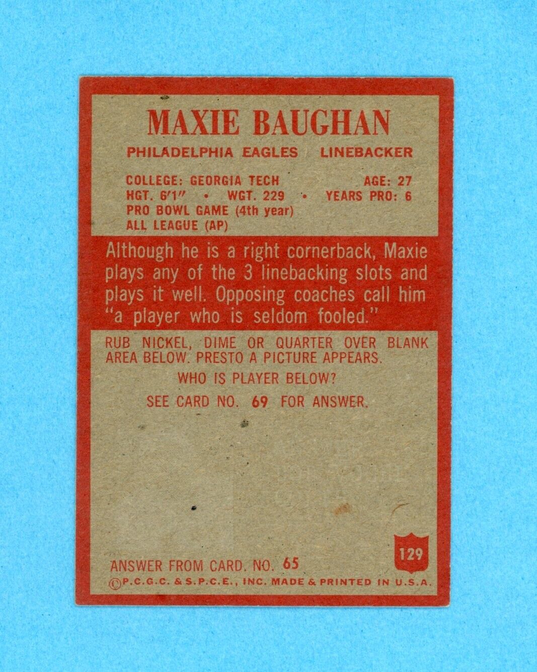 1965 Maxie Baughan Signed Philadelphia Card #129 •• Auto with B&E Hologram