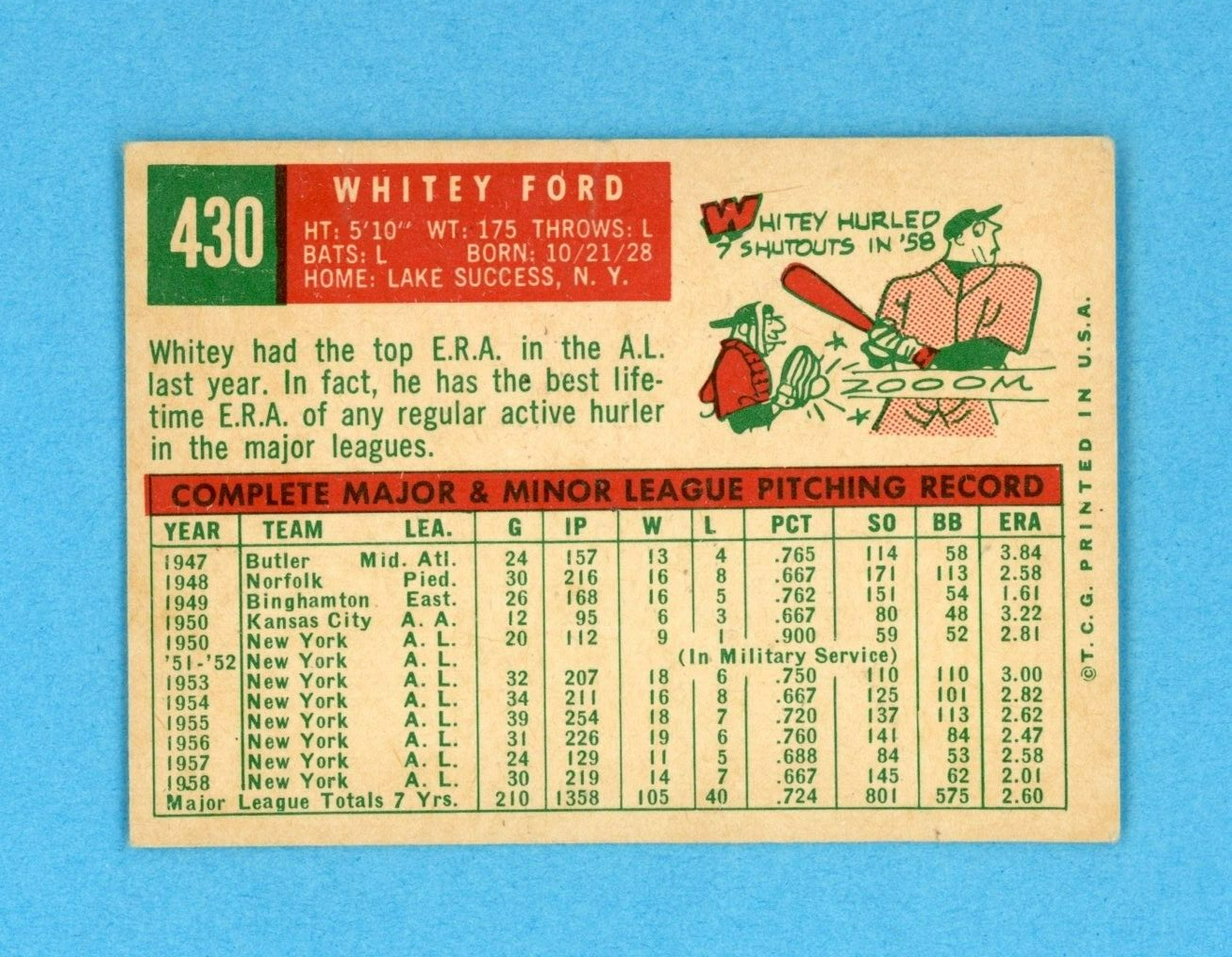 1959 Topps #430 Whitey Ford New York Yankees Baseball Card EX lht wrks/cres