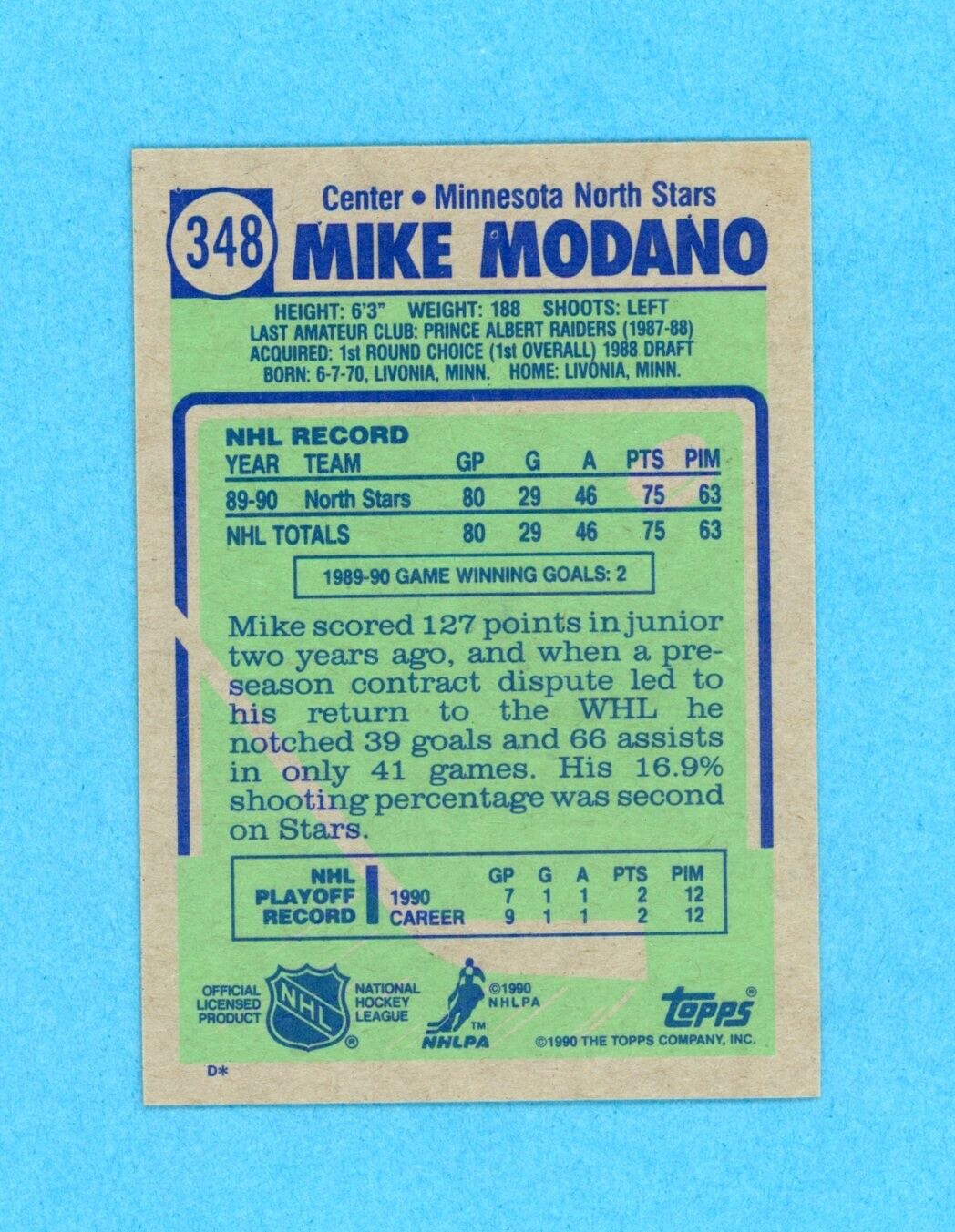 Mike Modano Signed 1990 Topps Card #348 • Auto w B&E Hologram