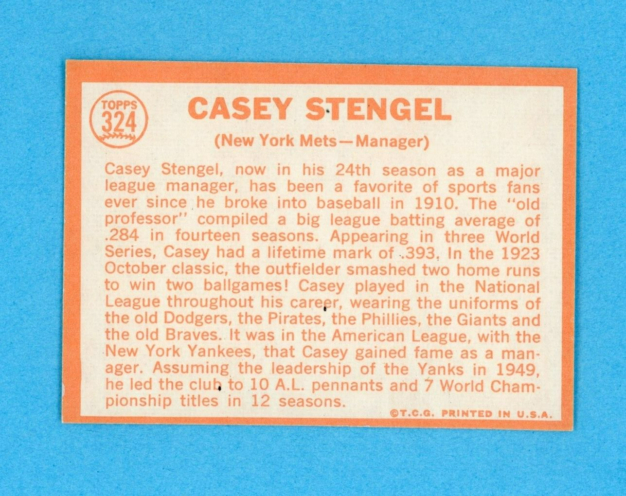 1964 Topps #324 Casey Stengel New York Mets Baseball Card NM o/c