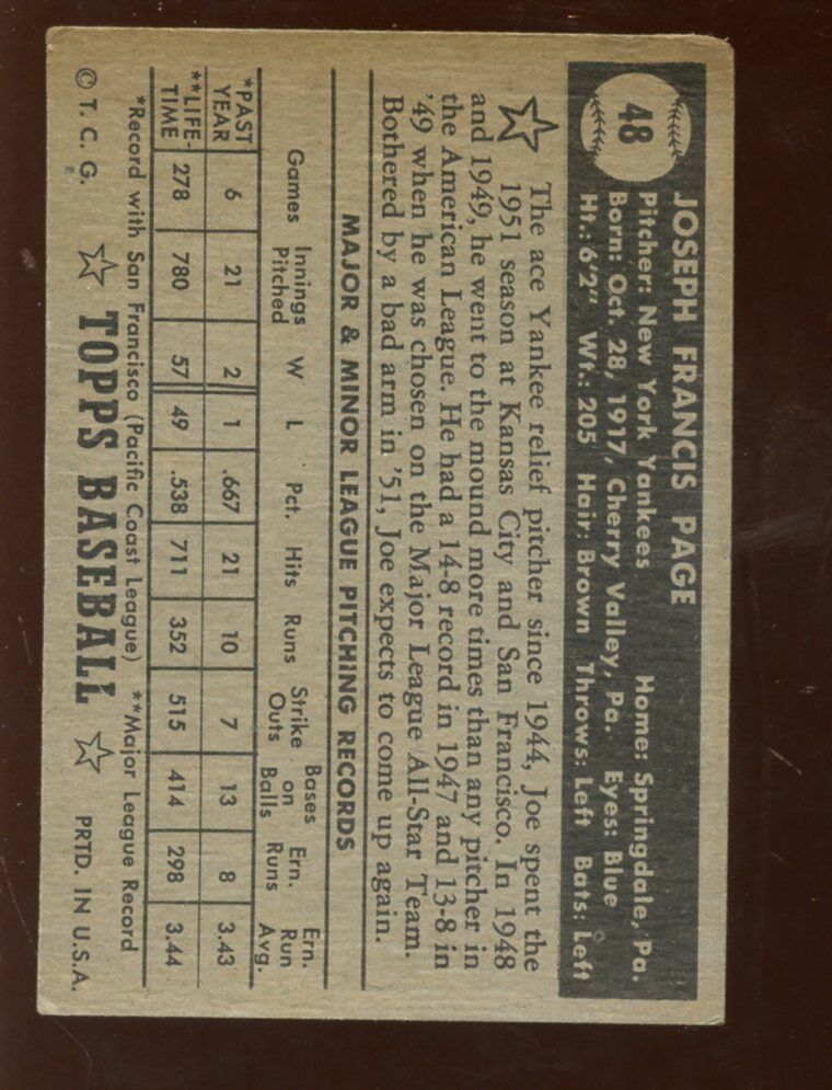 1952 Topps Baseball Card #48 Joe Page New York Yankees