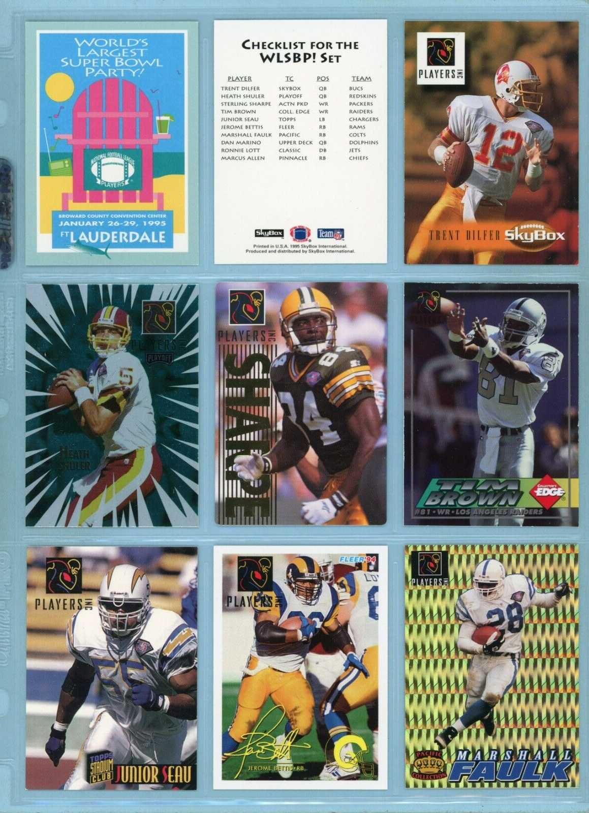 1995 NFLPA Super Bowl Players Party Set of 10 + Check & Title Football Cards NM