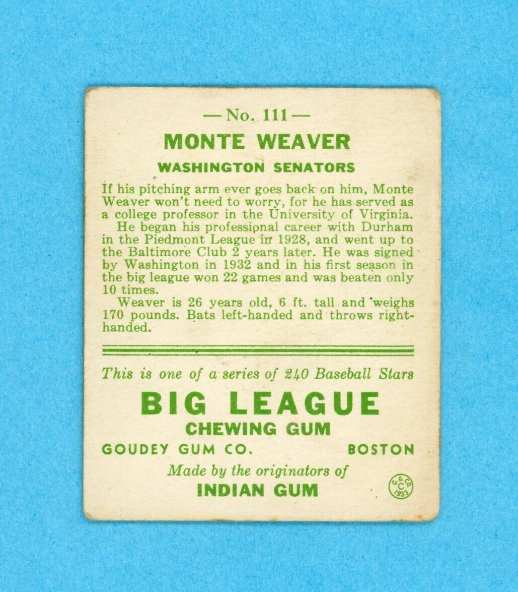 1933 Goudey #111 Monte Weaver Washington Senators Baseball Card Vg-Vg+