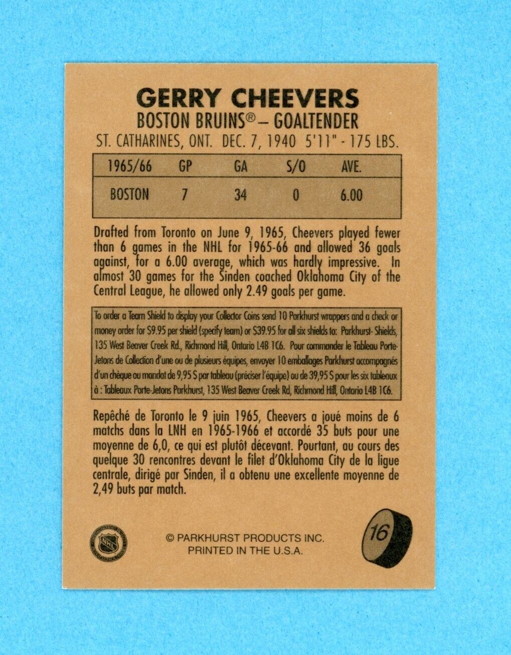 Gerry Cheevers 1995-96 Parkhurst 1966-67 #16 Autographed Hockey Card