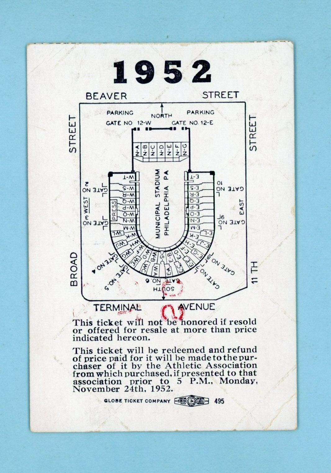 November 29, 1952 Army vs Navy Football Game Ticket Stub