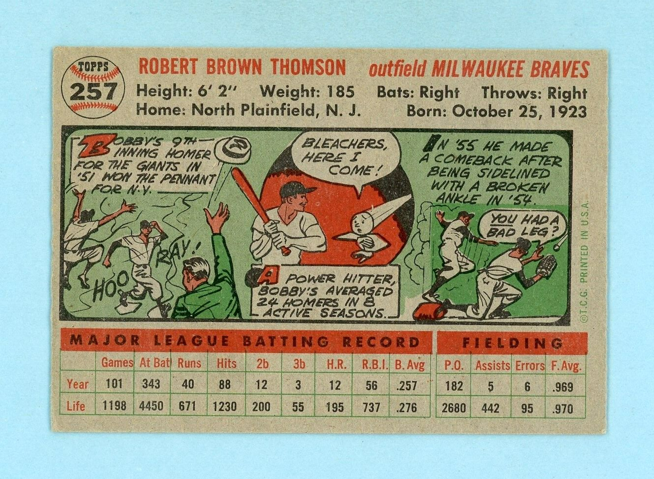 1956 Topps #257 Bobby Thomson Milwaukee Braves Baseball Card E+ - EM oc prt mks