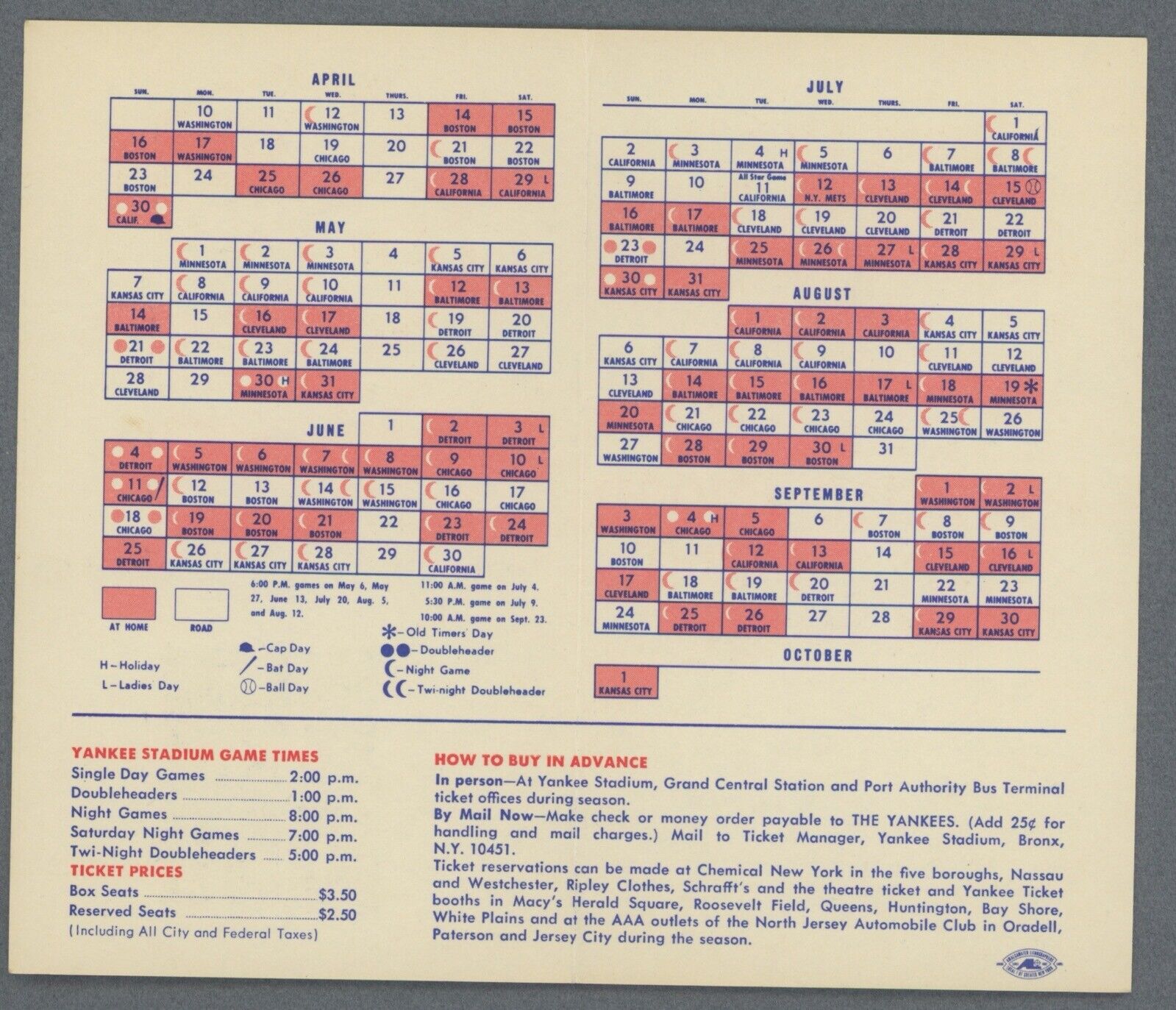 1967 New York Yankees Pocket Schedule 3.25"x5.5"