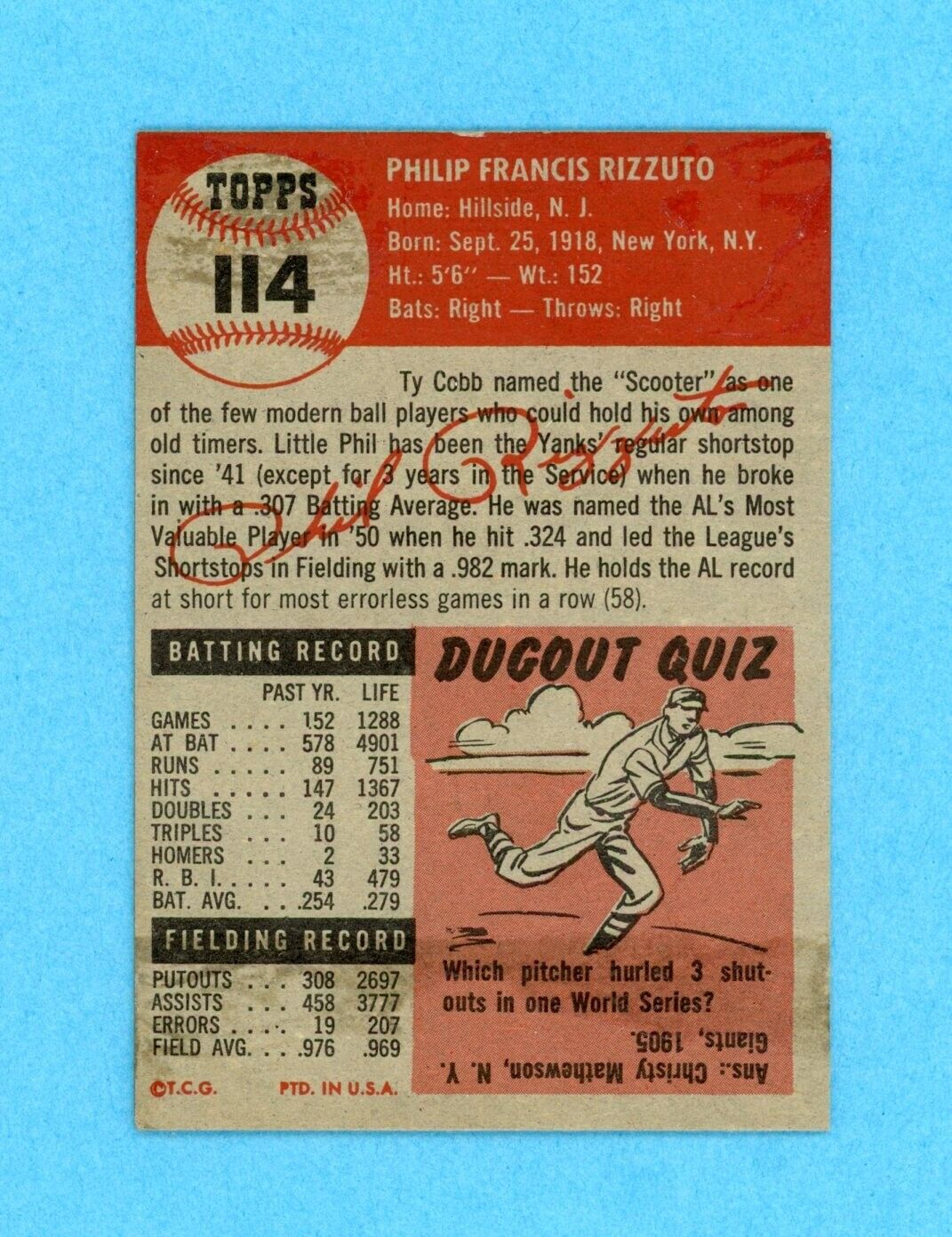 1953 Topps #114 Phil Rizzuto New York Yankees Baseball Card Ex/Mt - NM