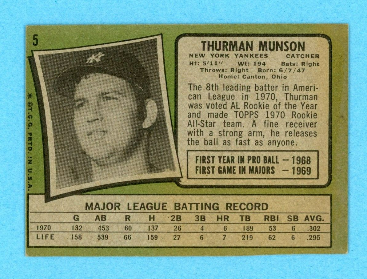 1971 Topps #5 Thurman Munson New York Yankees Baseball Card Ex/Ex+ o/c dia shp