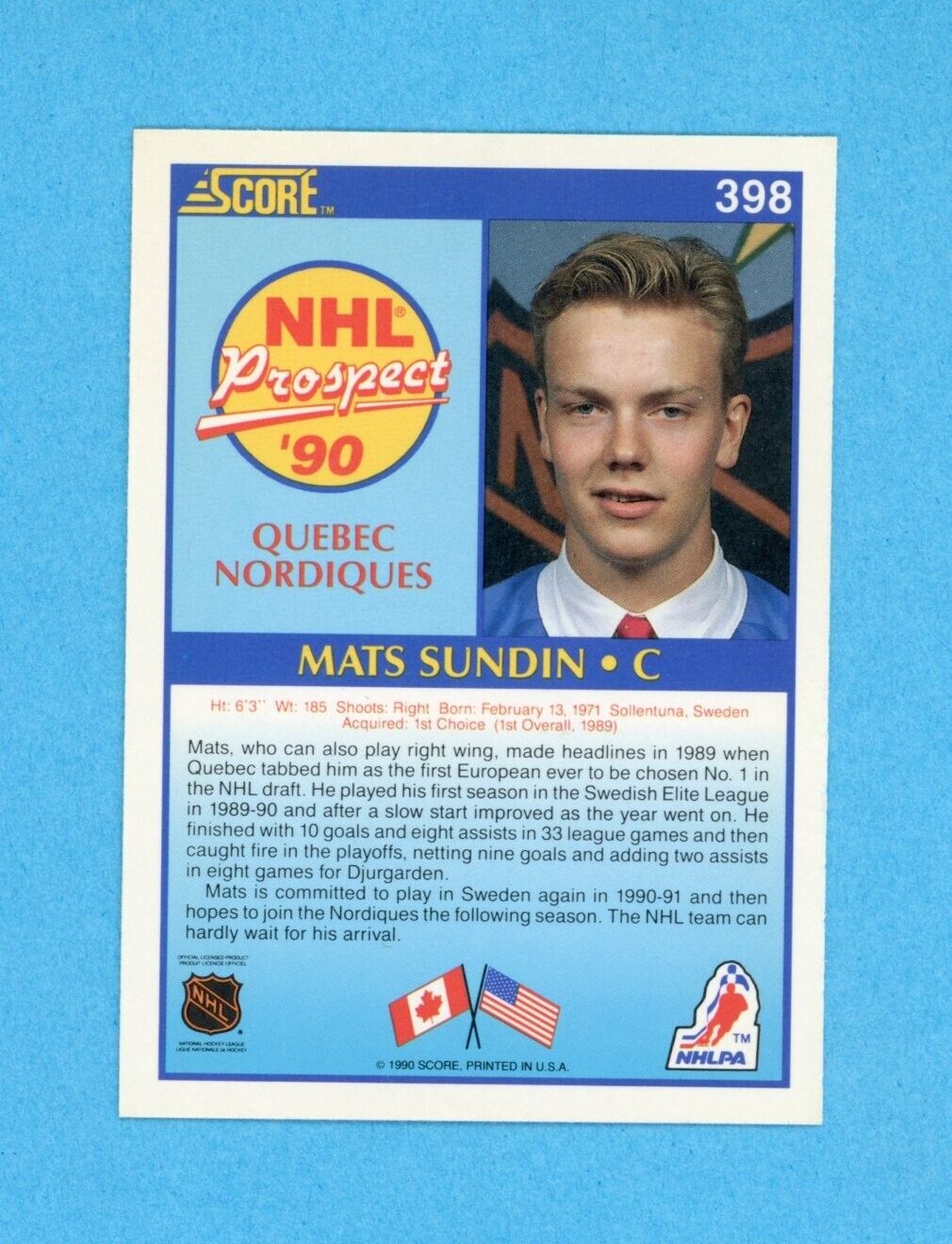 Mats Sundin Quebec Nordiques 1990-91 Score #398 Autographed Rookie Hockey Card