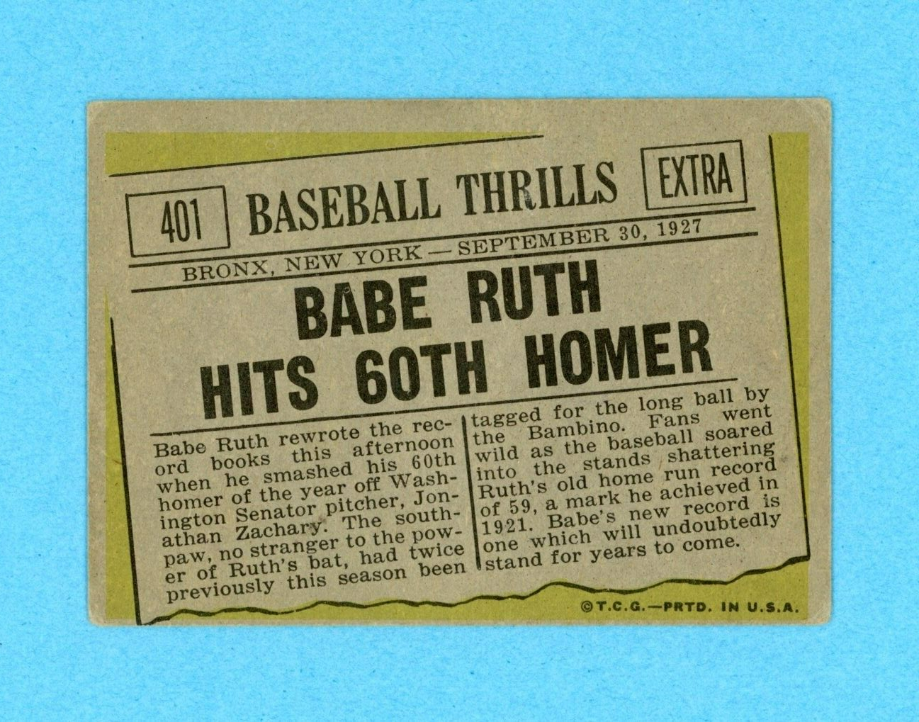 1961 Topps #401 Babe Ruth Hits 60th Homer New York Yankees Baseball Card Vg-Vg+