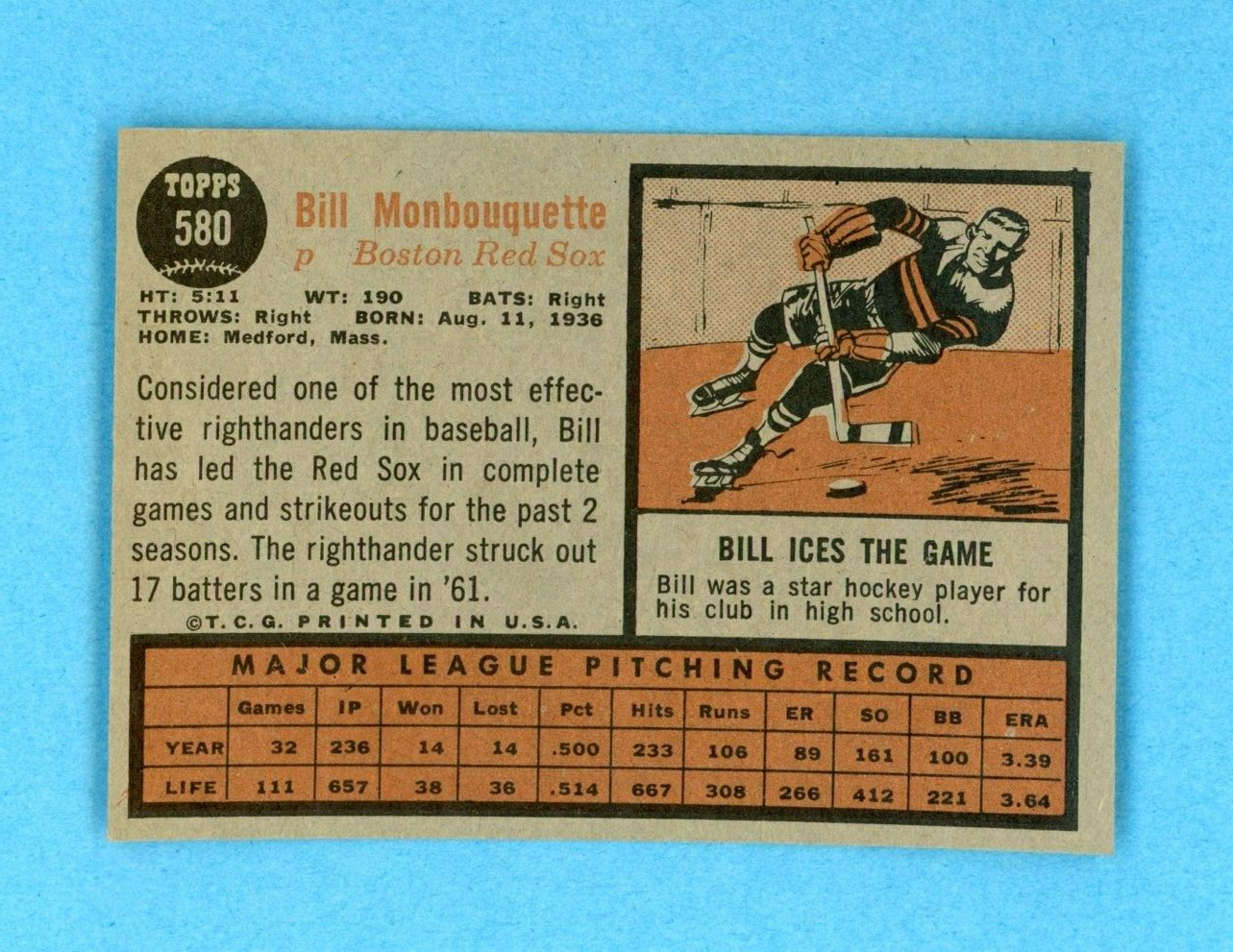 1962 Topps #580 Bill Monbouquette Boston Red Sox High Number Baseball Card NM