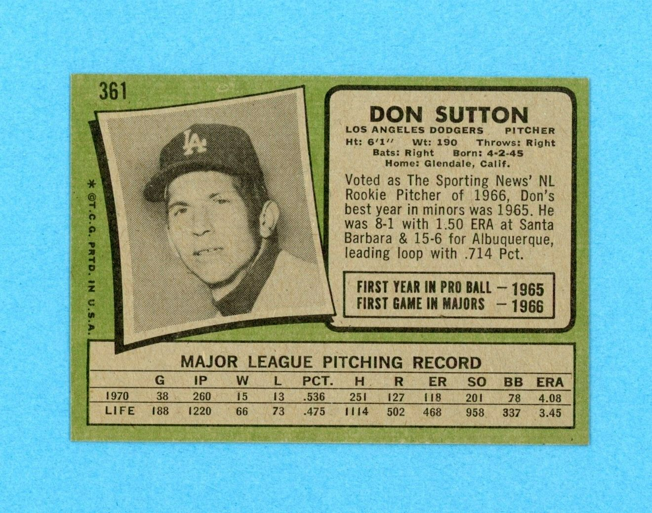 1971 Topps #361 Don Sutton Los Angeles Dodgers Baseball Card NM o/c prt ln