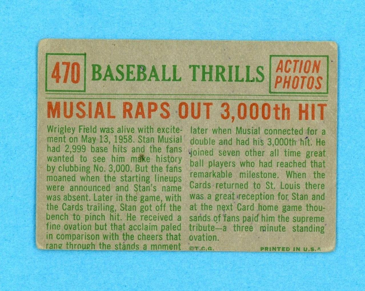 1959 Topps #470 Baseball Thrills Stan Musial St Louis Baseball Card Low Grade