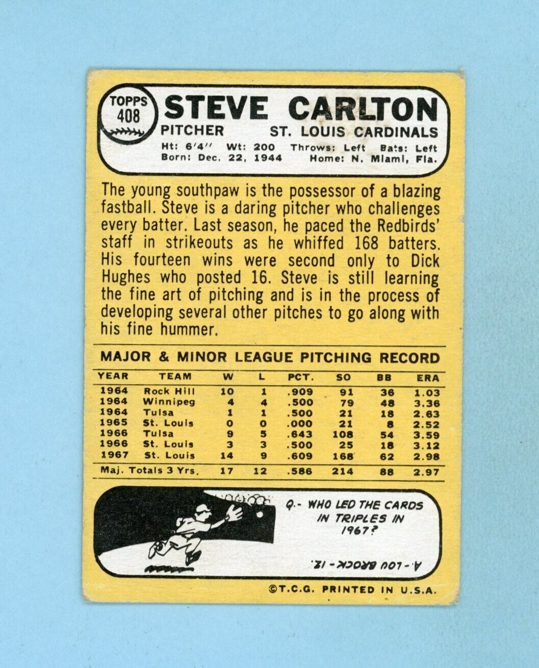 1968 Topps #408 Steve Carlton St. Louis Cardinals Baseball Card VG-VG+