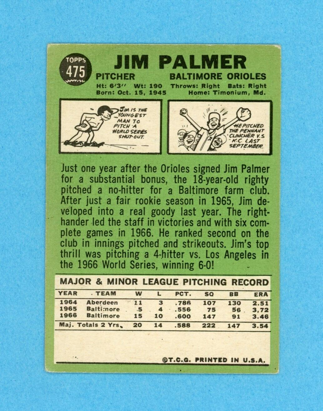 1967 Topps #475 Jim Palmer Baltimore Orioles Baseball Card EX