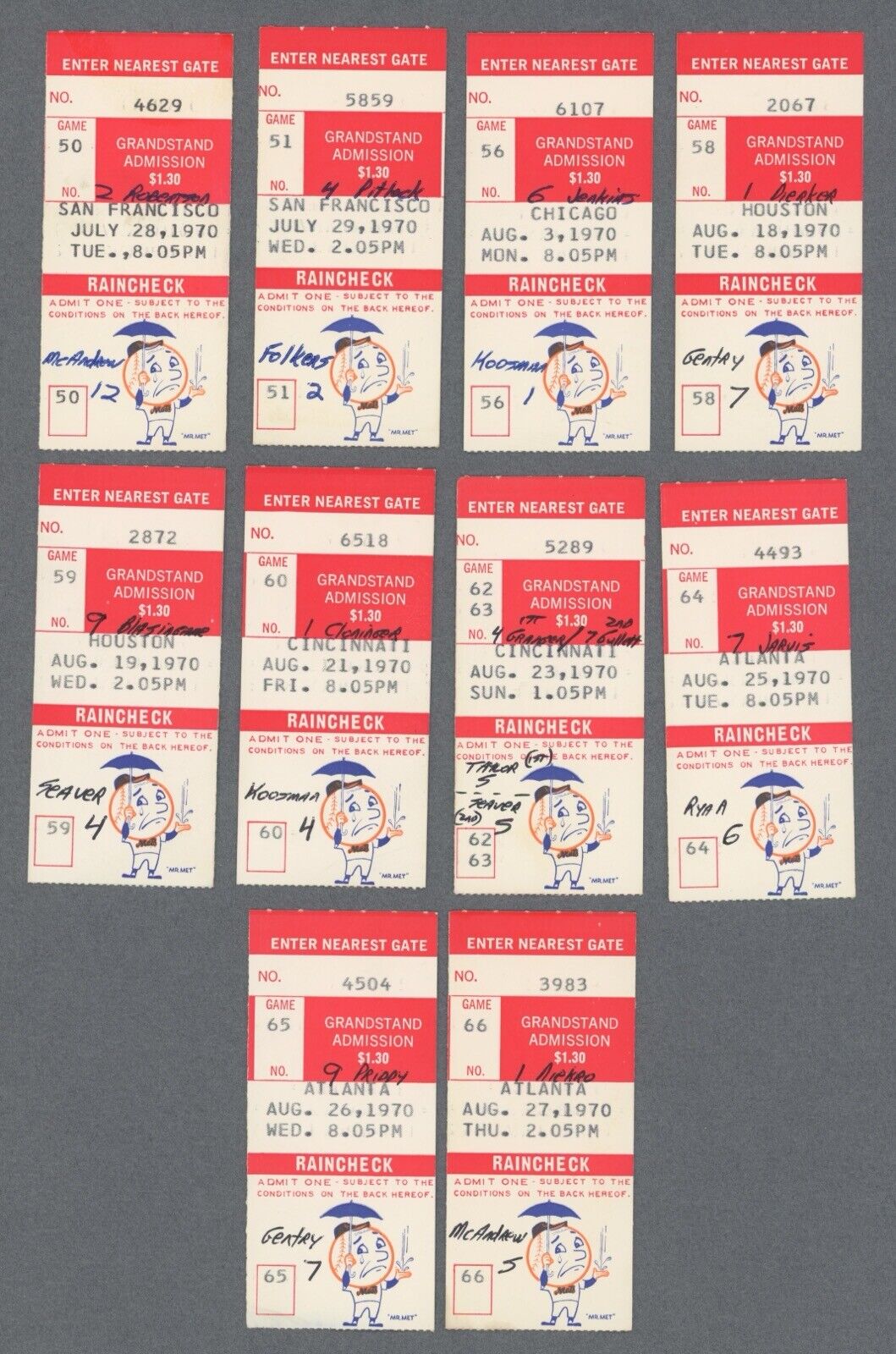 Lot of 22 Different 1970 New York Mets Ticket Stubs at Shea Stadium