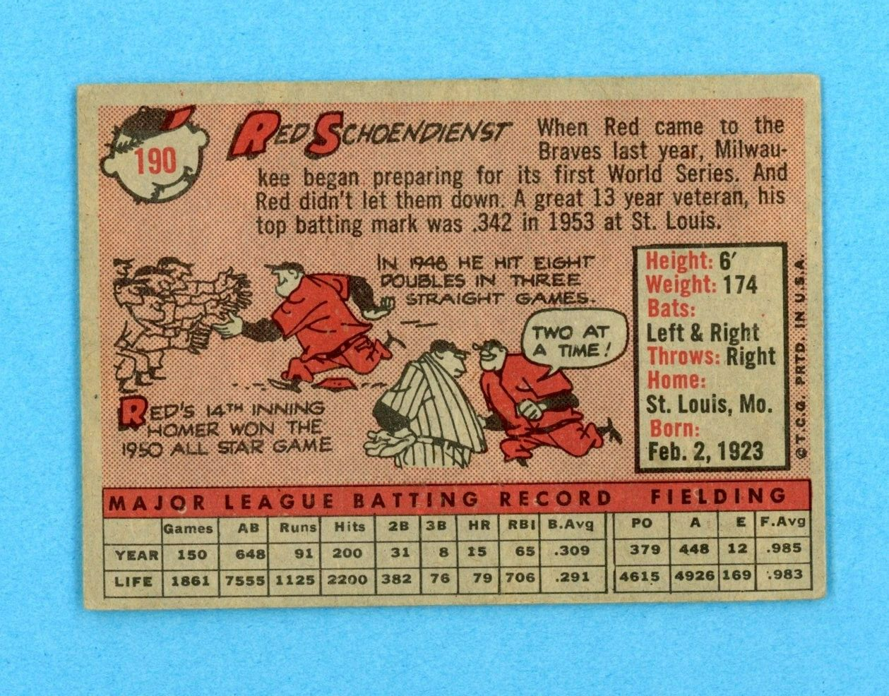 1958 Topps #190 Red Schoendienst Milwaukee Braves Baseball Card EX