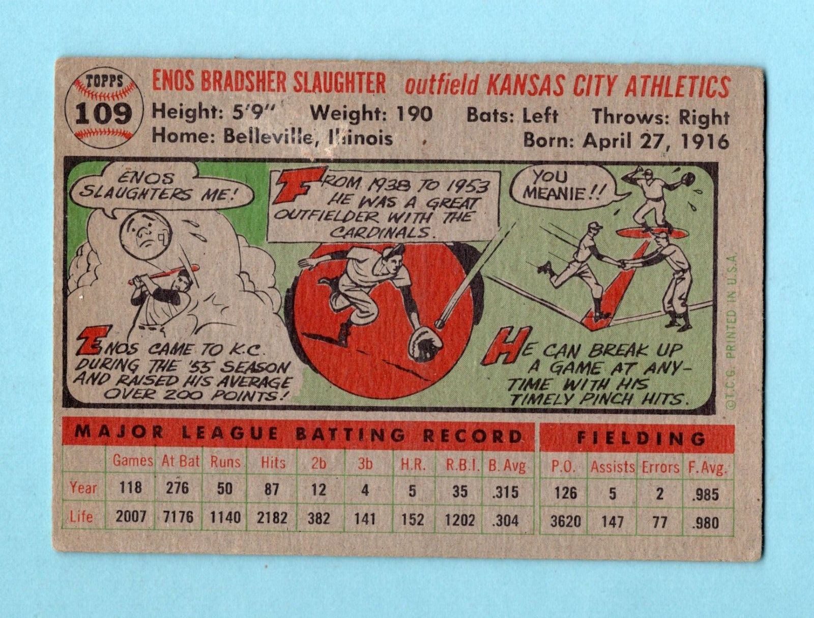 1956 Topps #109 Enos Slaughter Kansas City A's Baseball Card VG+