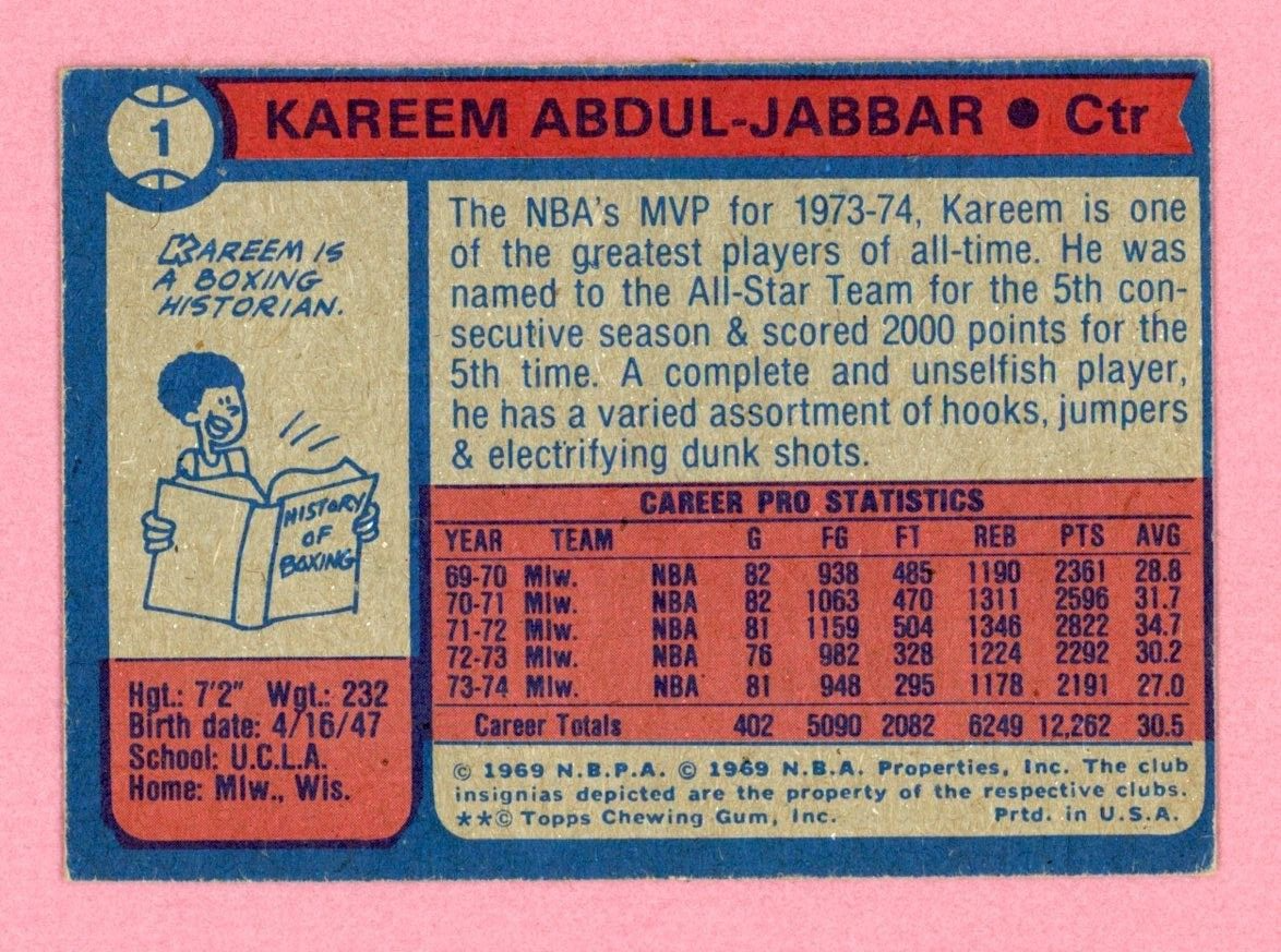 1974-75 Topps #1 Kareem Abdul-Jabbar Milw Bucks Basketball Card Ex-Ex+ ap wrk at