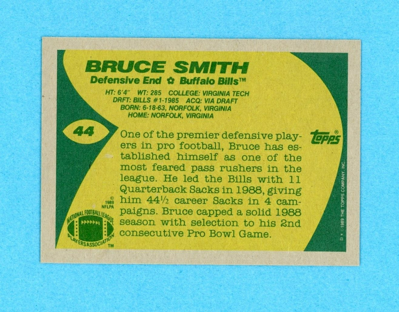 Bruce Smith Buffalo Bills 1989 Topps #44 Autographed Football Card