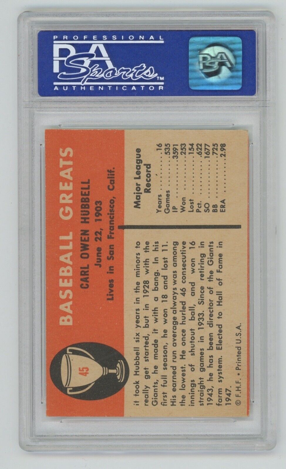 Carl Hubbell 1961 Fleer #45 • PSA 7 NM