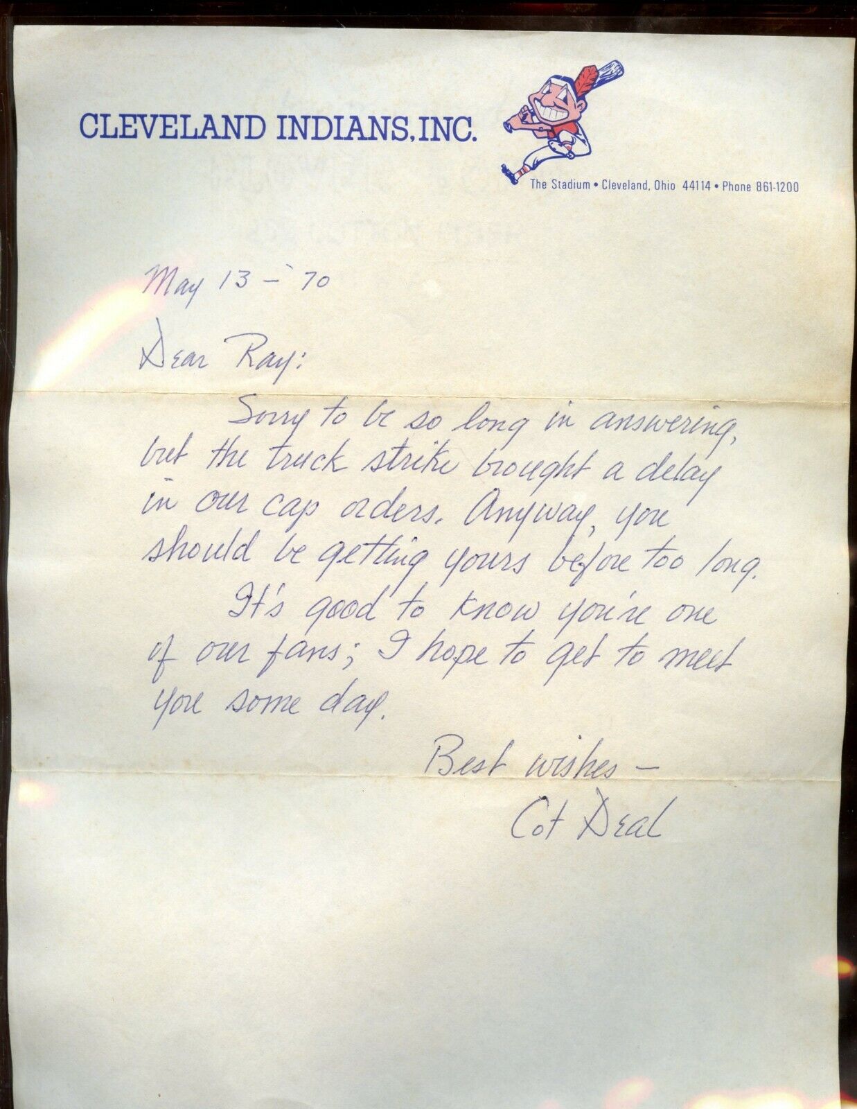 1970 MLB Baseball Cleveland Indians Cot Deal SIGNED Letterhead Stationery