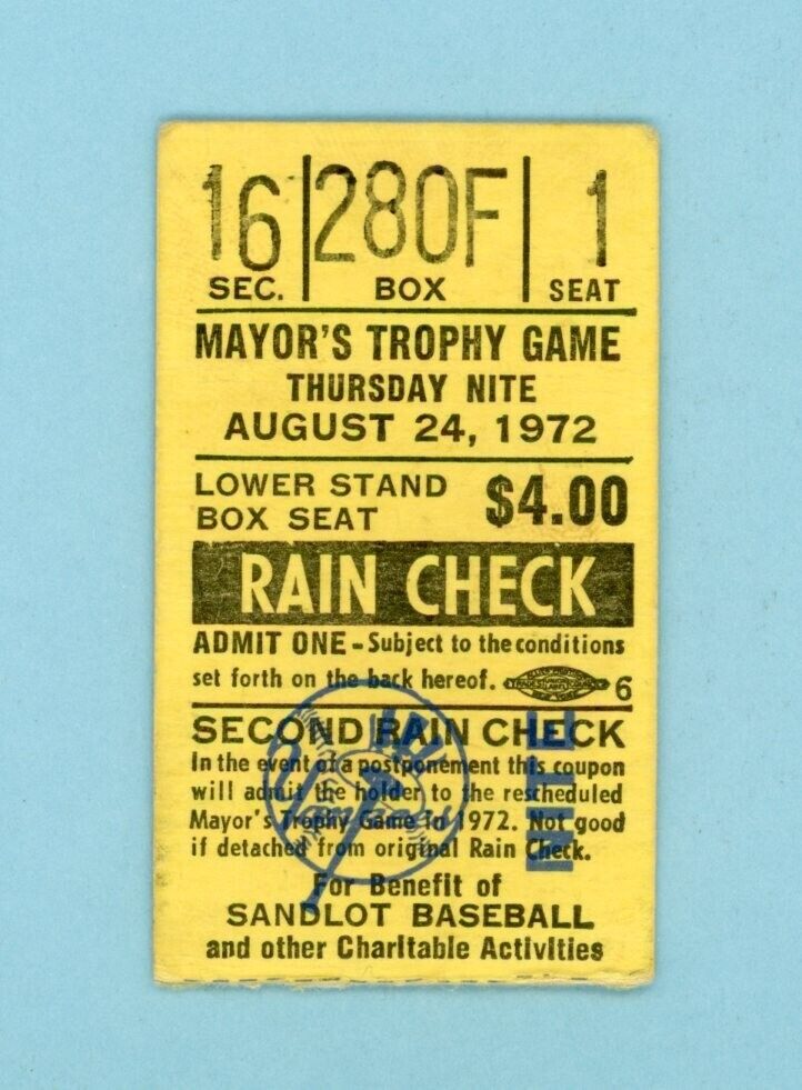 August 24, 1972 Mayor's Trophy Game NY Mets vs NY Yankees Ticket Stub