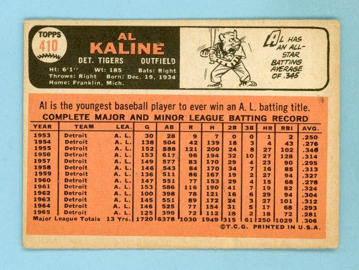 1966 Topps #410 Al Kaline Detroit Tigers Baseball Card Vg/Ex