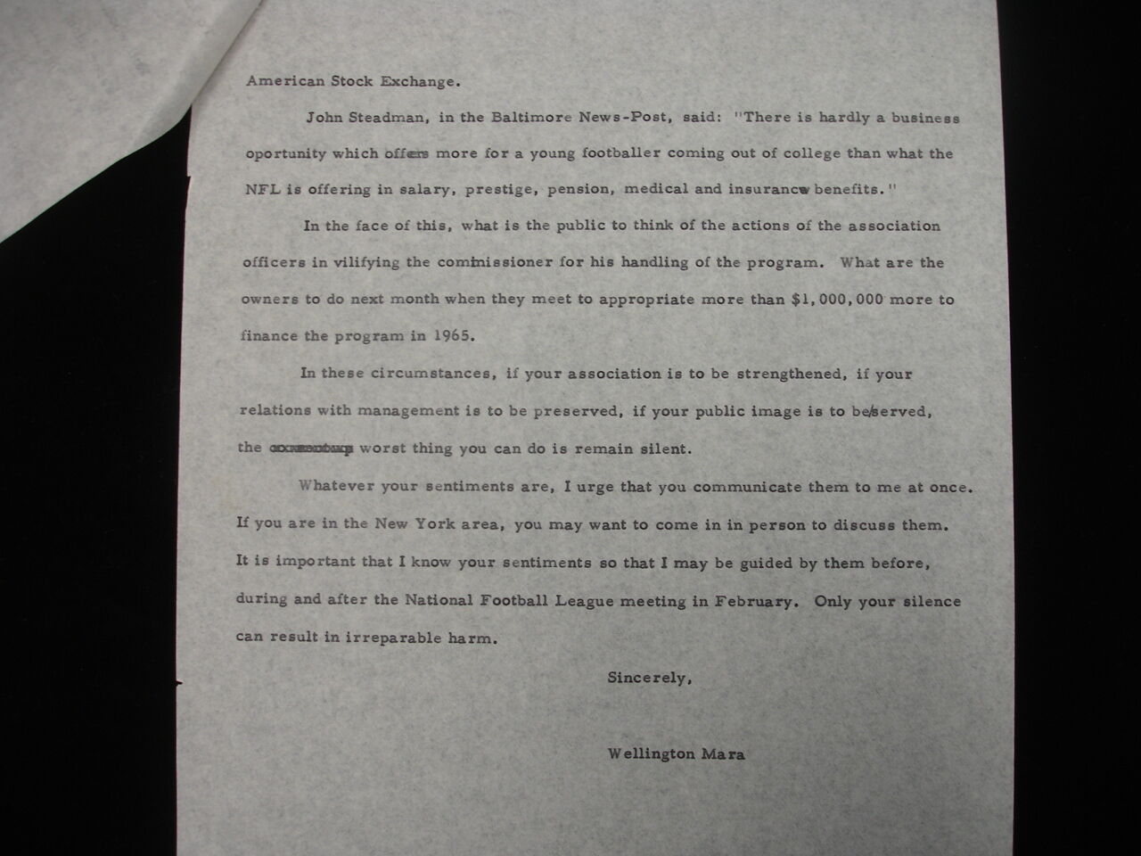 1965 Letter to New York Giants Veterans from Wellington Mara 