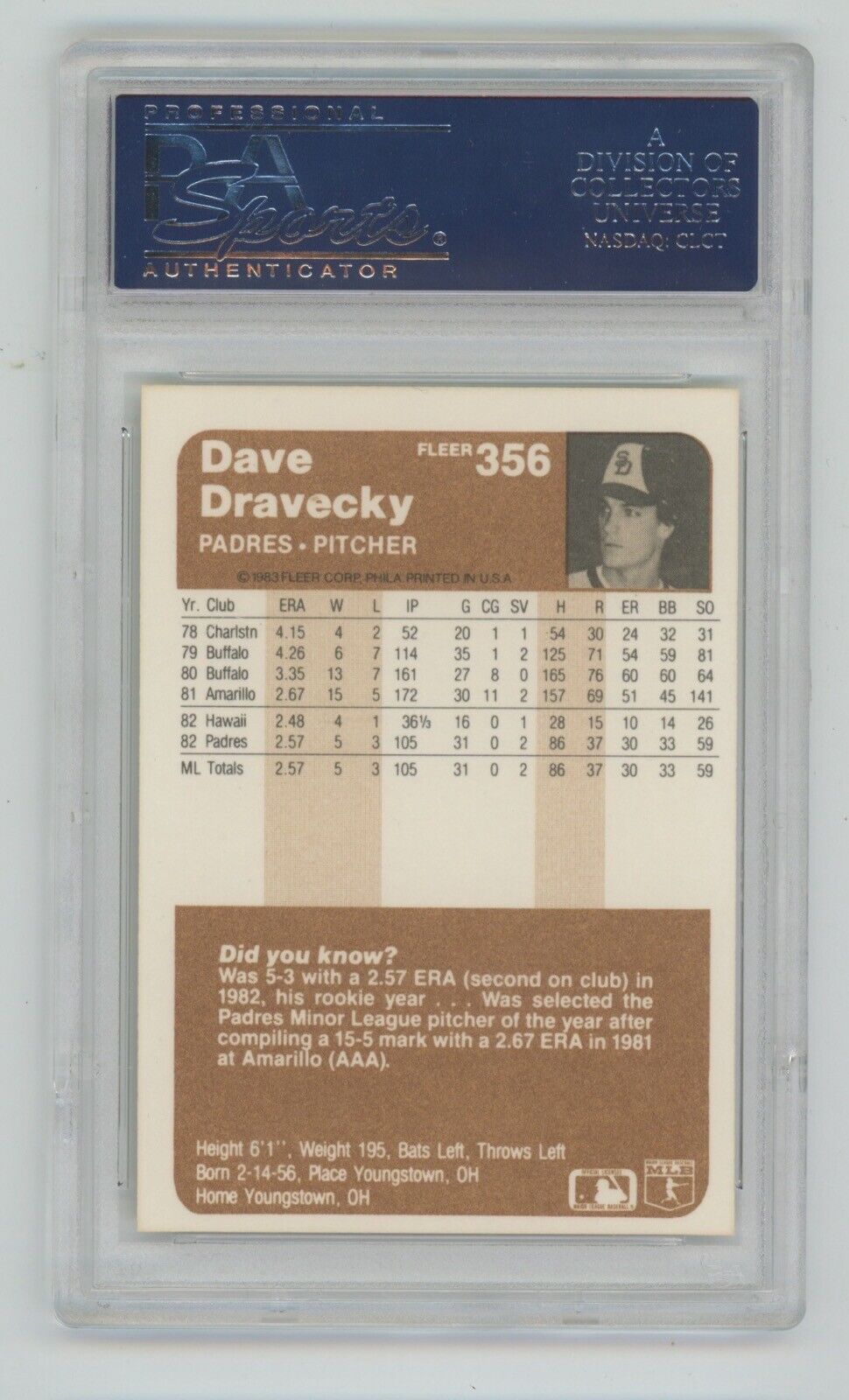 Dave Dravecky 1983 Fleer Card #356 • PSA 10 Gem Mint