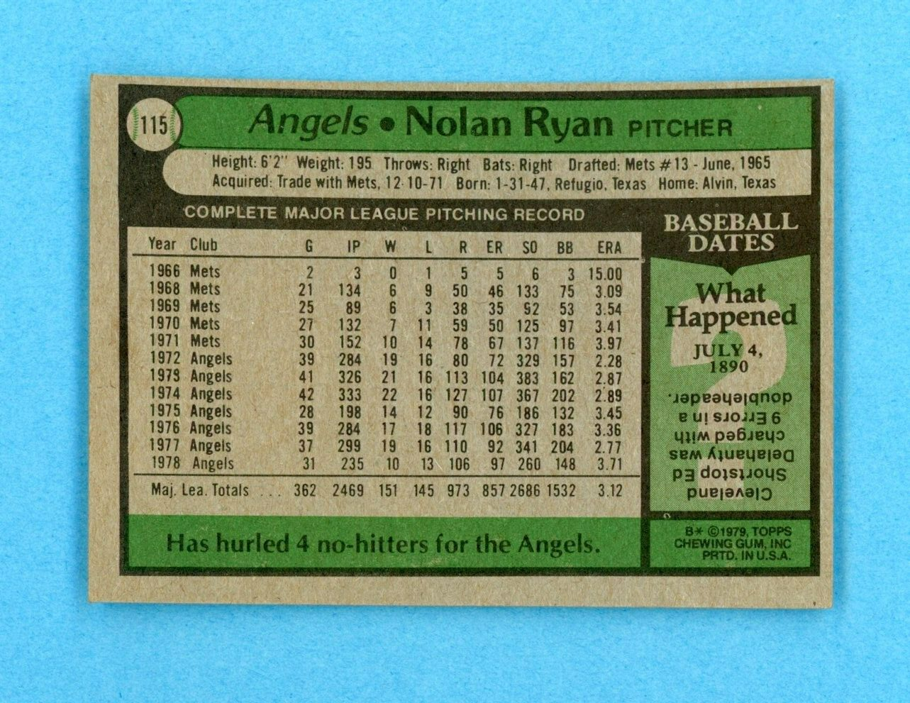 1979 Topps #115 Nolan Ryan California Angels Baseball Card NM
