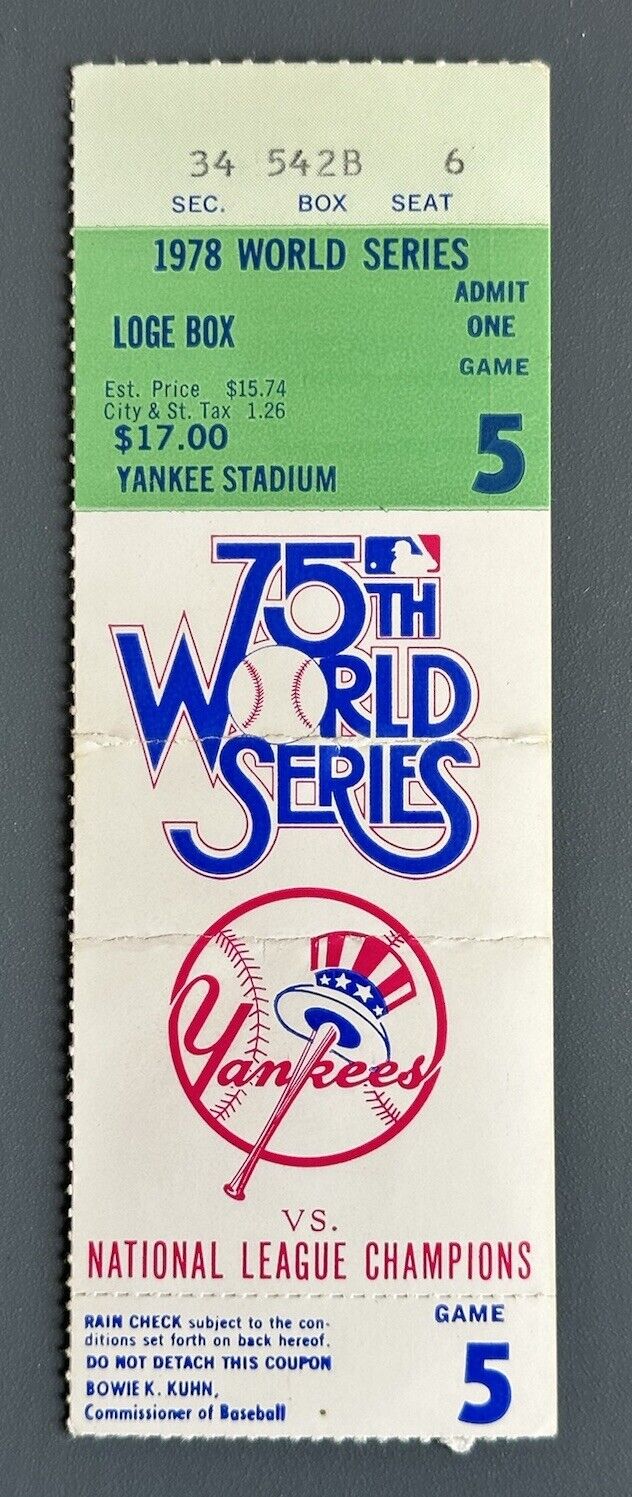 1978 World Series Ticket Stub Game 5 Dodgers @ Yankees - Jim Beattie Pitches CG