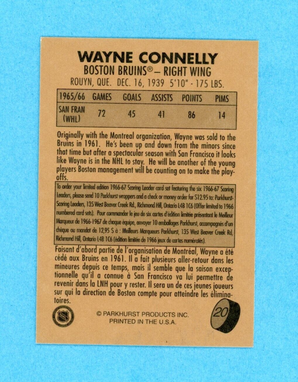 Wayne Connelly 1995-96 Parkhurst 1966-67 #20 Autographed Hockey Card