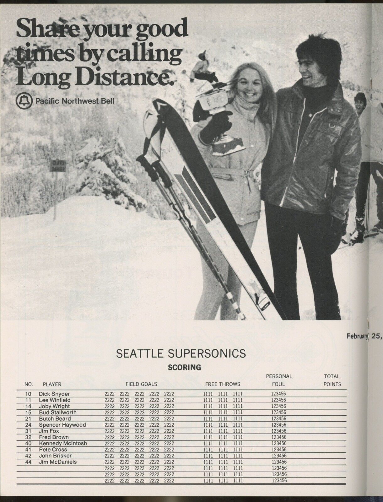 2/25/73 Game Program • Chicago Bulls vs Seattle Supersonics • Unscored