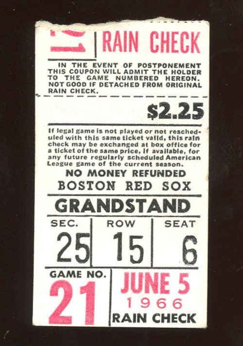 June 5, 1966 Boston Red Sox Ticket Stub vs Yankees - Mickey Mantle 2 hits