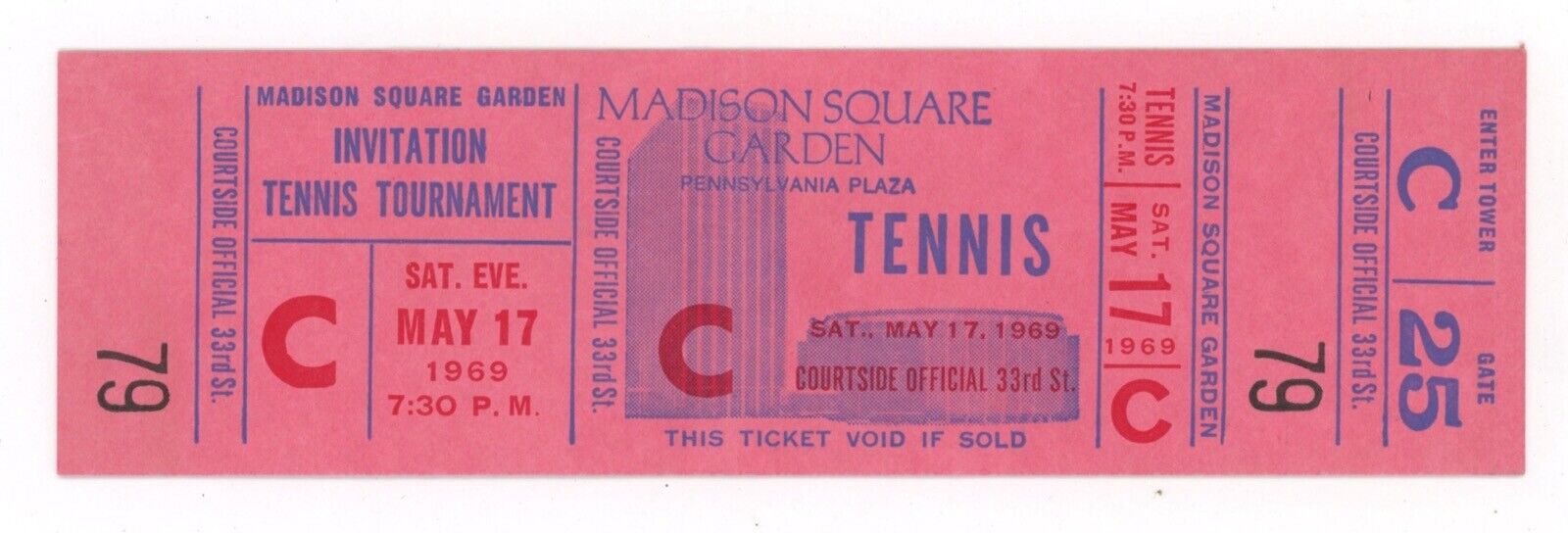 5/17/69 MSG Tennis Invitational • Courtside Official Full Ticket Rod Laver Wins