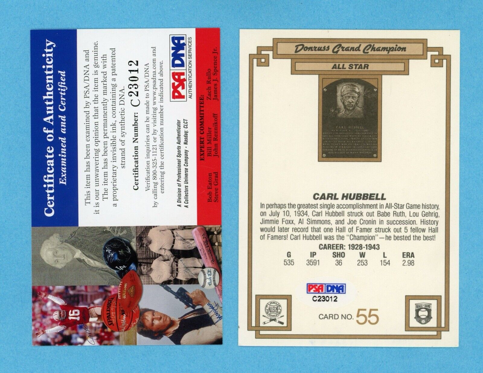 Carl Hubbell NY Giants HOFer Signed Donruss Grand Champion 3.5 x 5" Card PSA DNA