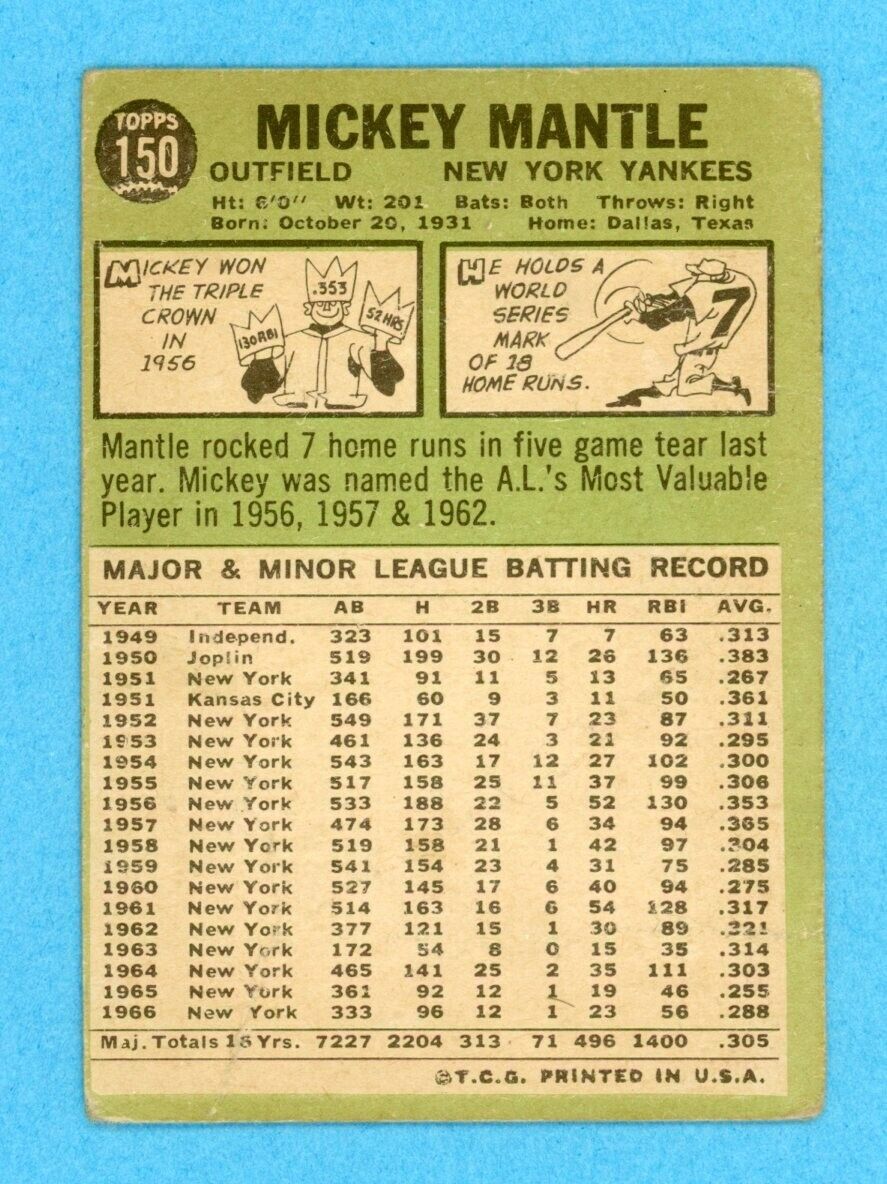 1967 Topps #150 Mickey Mantle New York Yankees Baseball Card Low Grade