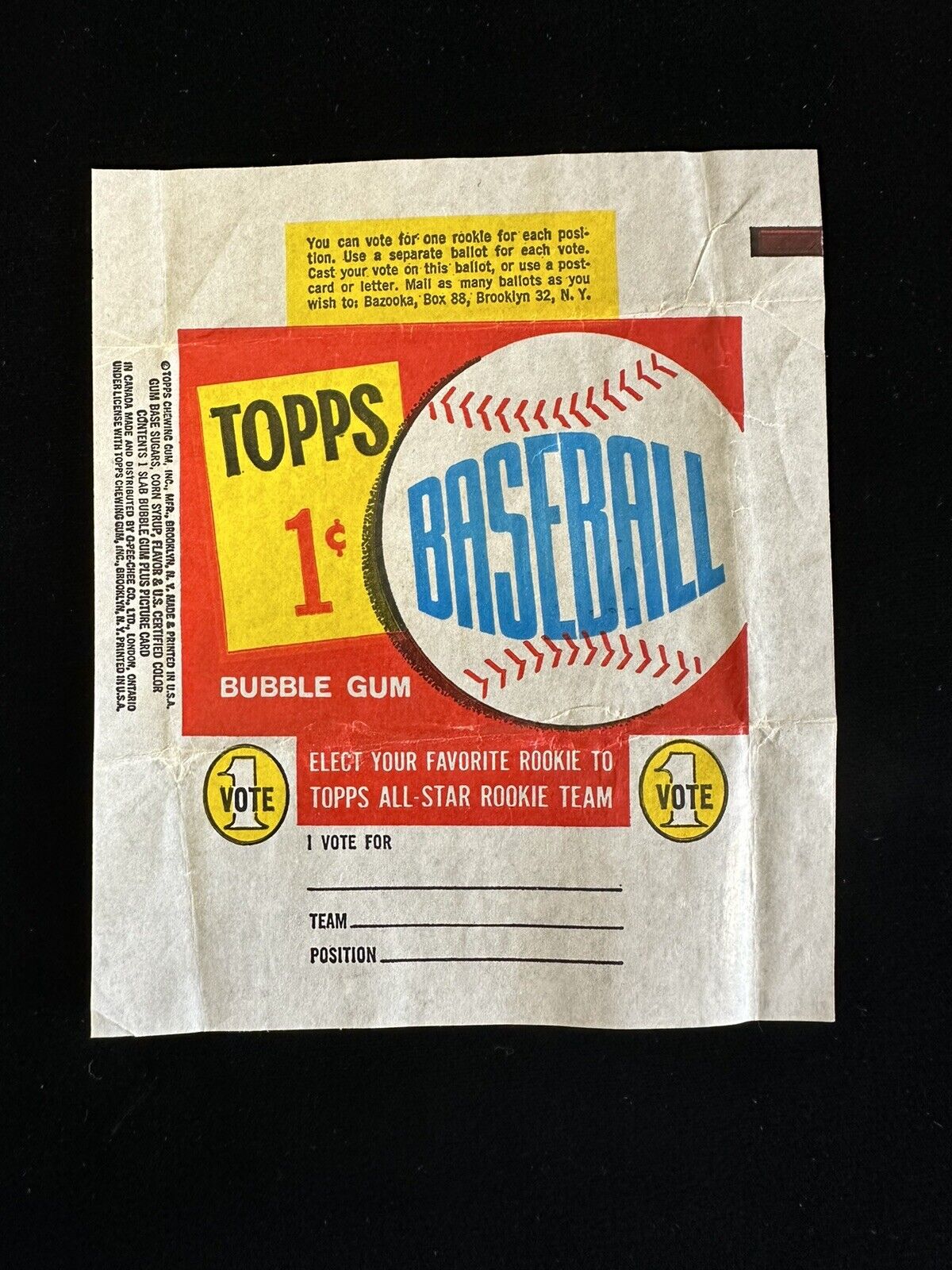 1960 Topps Baseball Card 1-cent Wax Pack Wrapper - RARE - Near Mint