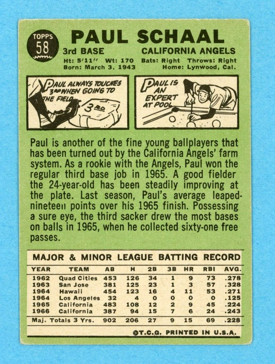 1967 Topps #58 Paul Schaal Calif Angels Baseball Card Vg/Ex Green Bat Variation