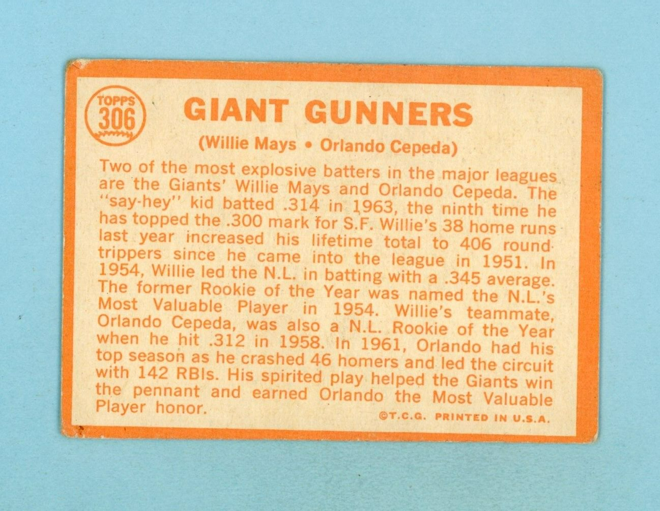 1964 Topps #306 Giant Gunners Willie Mays, Orlando Cepeda Baseball Card VG