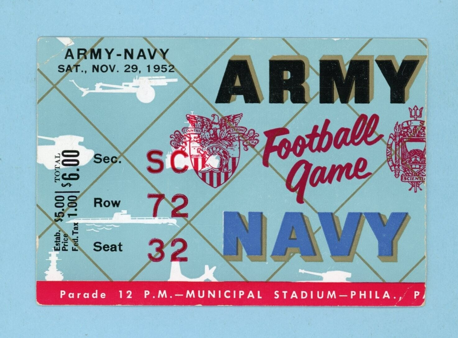 November 29, 1952 Army vs Navy Football Game Ticket Stub