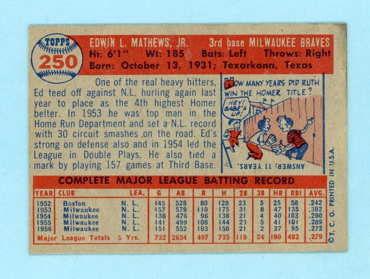 1957 Topps #250 Ed Mathews Milwaukee Braves Baseball Card Ex/Mt - NM