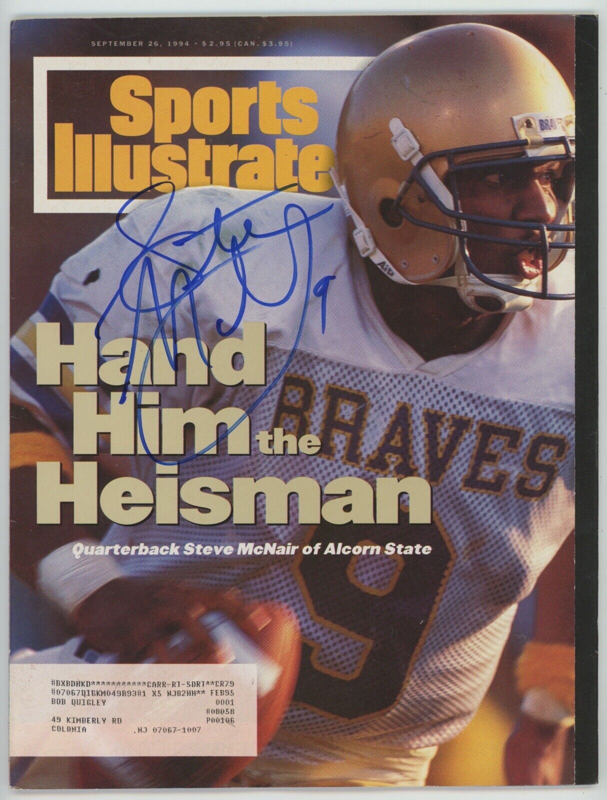 Steve McNair (Alcorn State) Signed 9/26/94 Sports Illustrated  Auto w B&E Holo