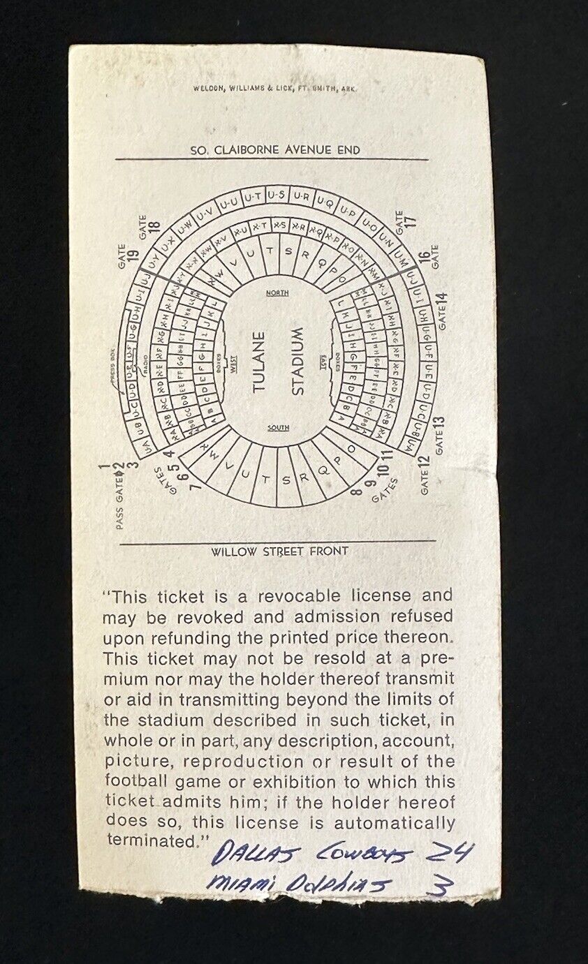 Jan. 16, 1972 Super Bowl VI 6 Original Ticket Stub Dallas vs Miami VG-EX