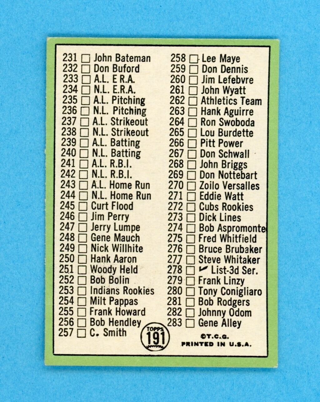 1967 Topps #191 3rd Series Checklist Willie Mays Baseball Card E+-E/M unched